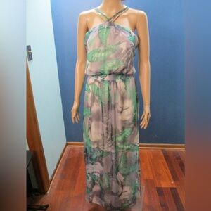 Green Leaf Print Halter Maxi Dress